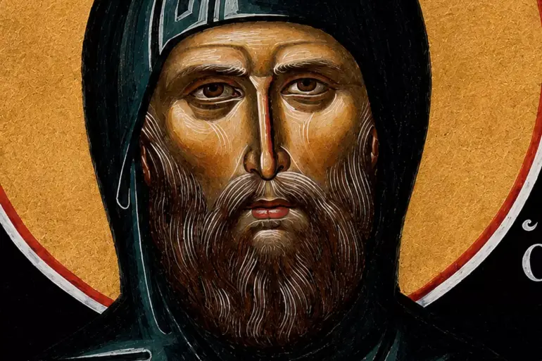 Saint Philotheos Of Karyes Detail With Dark Monastic Hood, Beard And Gold Nimbus