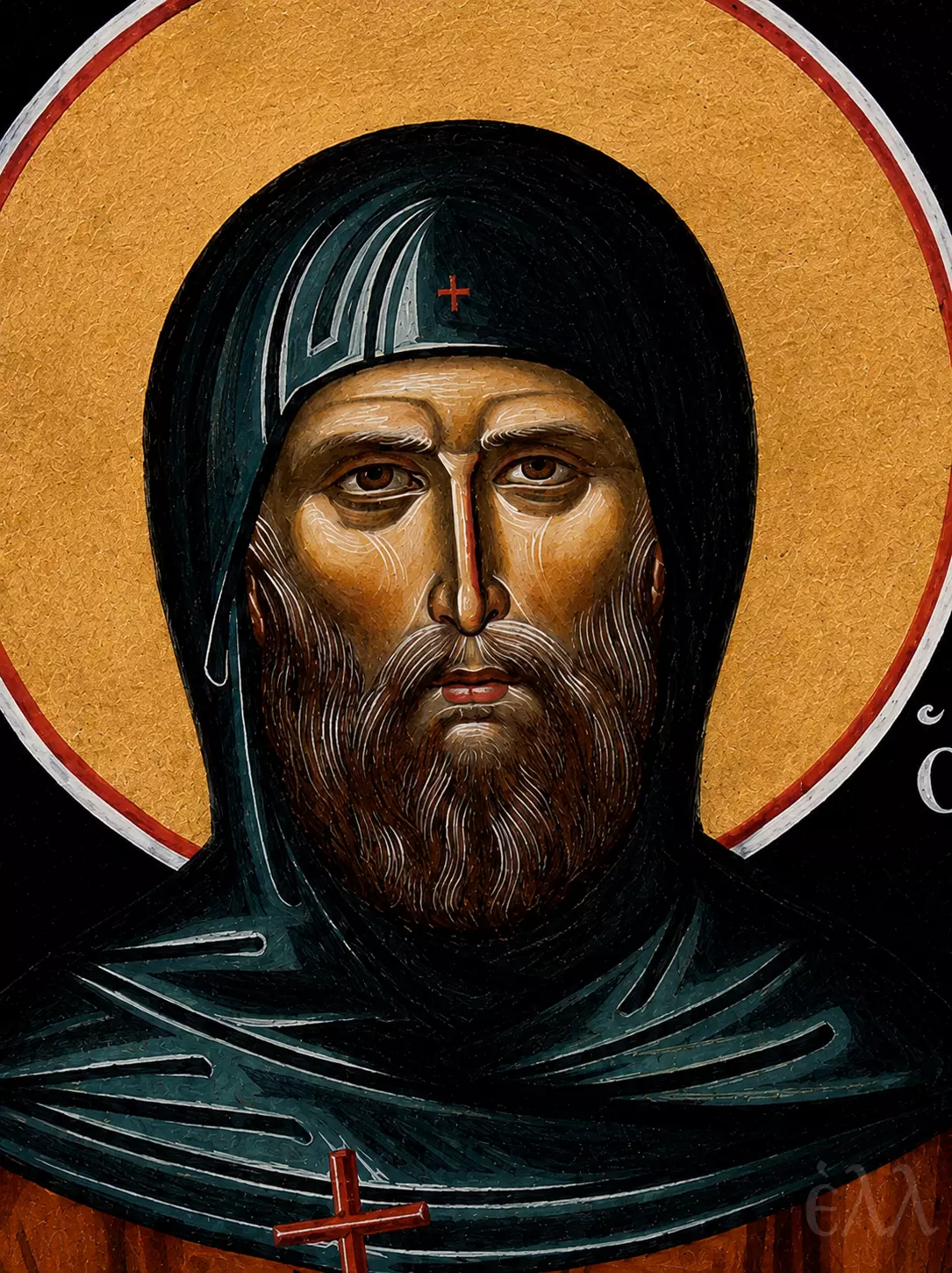 Saint Philotheos Of Karyes Detail With Dark Monastic Hood, Beard And Gold Nimbus