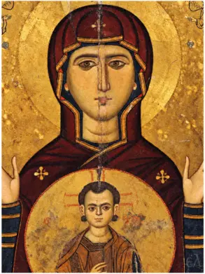 Virgin Blachernitissa At Sinai Detail Showing The Frontal Face Of The Theotokos And Christ Emmanuel Within A Medallion.