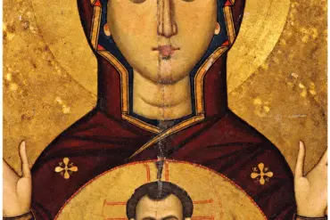 Virgin Blachernitissa At Sinai Detail Showing The Frontal Face Of The Theotokos And Christ Emmanuel Within A Medallion.