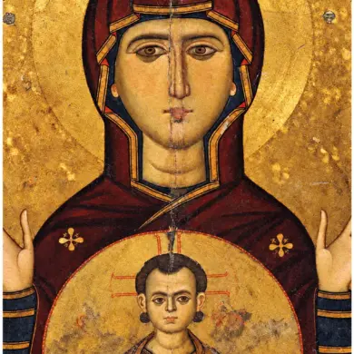 Virgin Blachernitissa At Sinai Detail Showing The Frontal Face Of The Theotokos And Christ Emmanuel Within A Medallion.