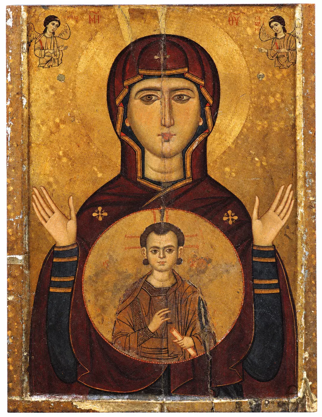 Virgin Blachernitissa At Sinai, A Thirteenth-Century Icon With The Praying Theotokos, Christ Emmanuel And Two Archangels.