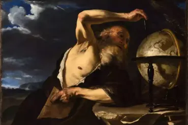 Anaxagoras of Clazomenae as an old man with bare torso, raised arm and dividers above a celestial globe, beneath a cloudy sky
