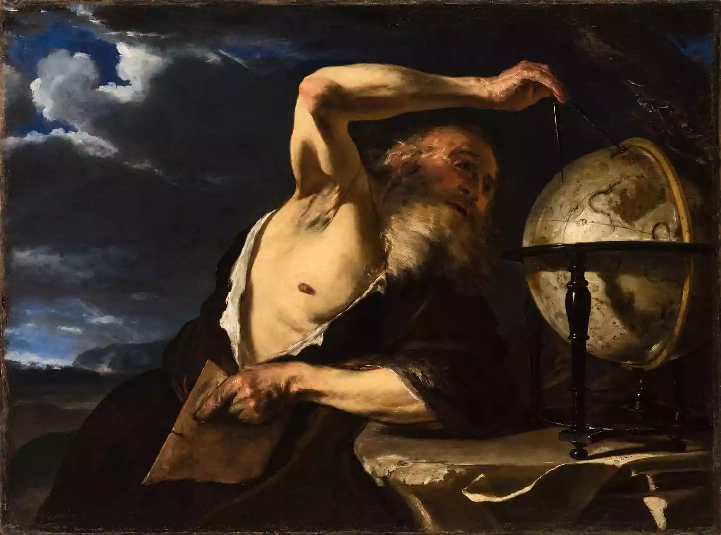Anaxagoras von Klazomenai als Greis mit nacktem Oberkörper, erhobenem Arm und Zirkel über einem Himmelsglobus, unter bewölktem Himmel