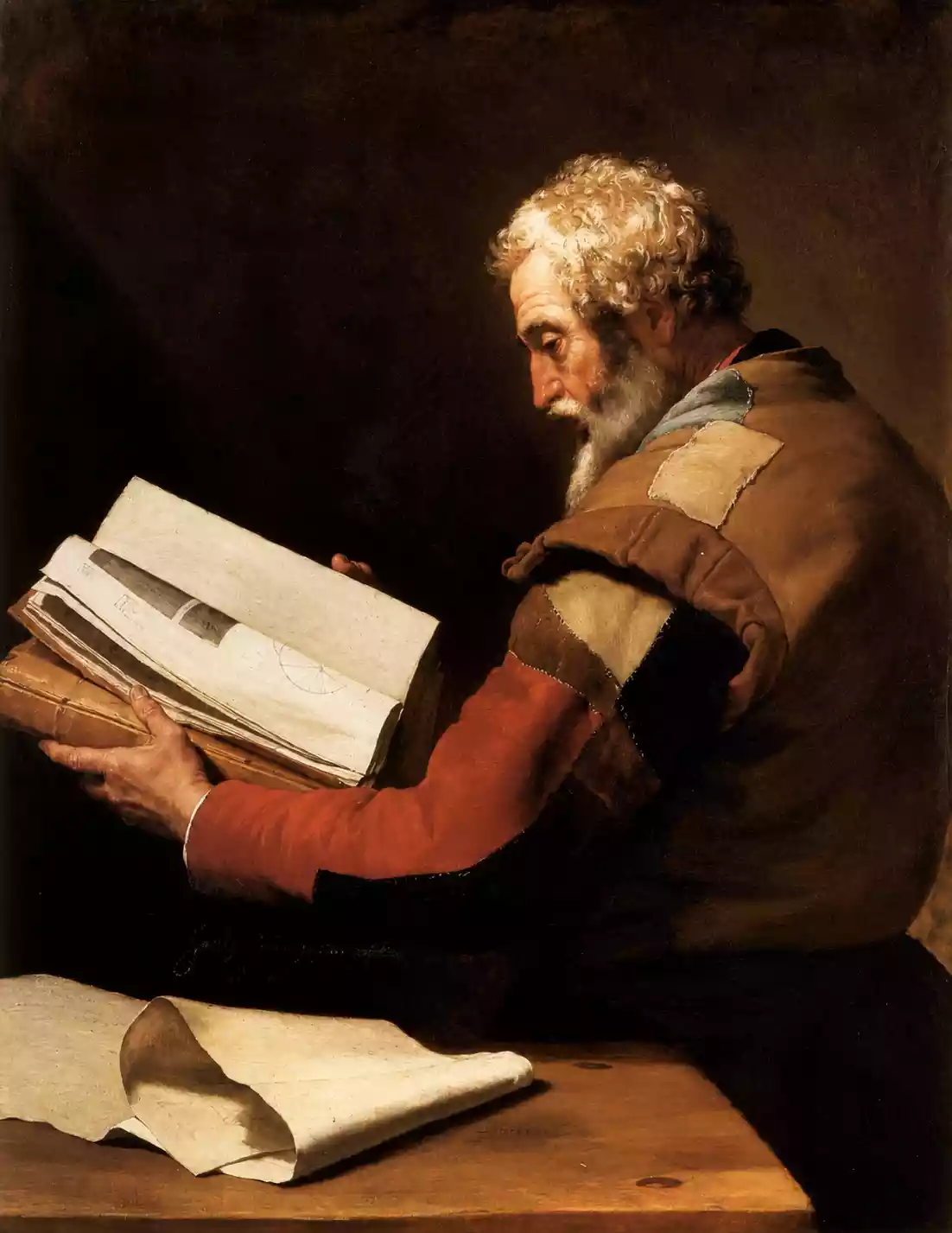 Betagter Anaxagoras im Profil, mit lockigem weißem Haar und geflickter Kleidung, liest in einem offenen Buch mit geometrischen Figuren
