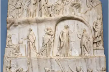 Μαρμάρινο ανάγλυφο με την αποθέωση του Ομήρου, εμπνευσμένο από τα ομηρικά έπη, με τον Δία, τις Μούσες και τον ένθρονο ποιητή