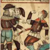Höðr durchbohrt Baldr mit einer langen roten Waffe, während Loki sich an sein Ohr beugt; isländische Handschriftenillustration von 1760.