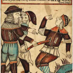 Höðr durchbohrt Baldr mit einer langen roten Waffe, während Loki sich an sein Ohr beugt; isländische Handschriftenillustration von 1760.