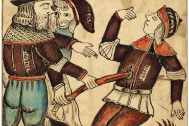 Höðr atraviesa a Baldr con una larga arma roja mientras Loki se inclina hacia su oído, en una ilustración de un manuscrito islandés de 1760.