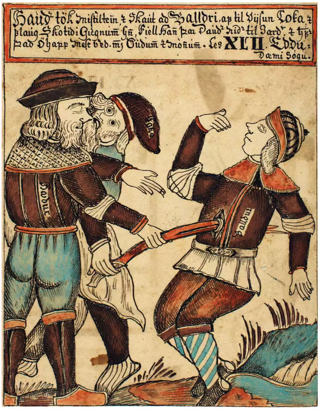 Höðr durchbohrt Baldr mit einer langen roten Waffe, während Loki sich an sein Ohr beugt; isländische Handschriftenillustration von 1760.