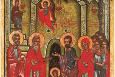 Είσοδος της Θεοτόκου στον Ναό: ο Ιωακείμ και η Άννα οδηγούν τη μικρή Μαρία στον Ζαχαρία μπροστά σε ναό με τρεις βολβόσχημους τρούλους, ενώ άγγελος τρέφει την καθήμενη Θεοτόκο