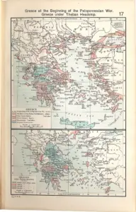 Ιστορικός χάρτης της αρχαίας Ελλάδας με τις συμμαχίες Αθήνας και Σπάρτης στην αρχή του Πελοποννησιακού Πολέμου, το 431 π.Χ., και την Ελλάδα της θηβαϊκής ηγεμονίας, το 362 π.Χ.