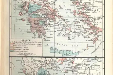 Ιστορικός χάρτης της αρχαίας Ελλάδας με τις συμμαχίες Αθήνας και Σπάρτης στην αρχή του Πελοποννησιακού Πολέμου, το 431 π.Χ., και την Ελλάδα της θηβαϊκής ηγεμονίας, το 362 π.Χ.