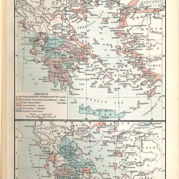 Ιστορικός χάρτης της αρχαίας Ελλάδας με τις συμμαχίες Αθήνας και Σπάρτης στην αρχή του Πελοποννησιακού Πολέμου, το 431 π.Χ., και την Ελλάδα της θηβαϊκής ηγεμονίας, το 362 π.Χ.