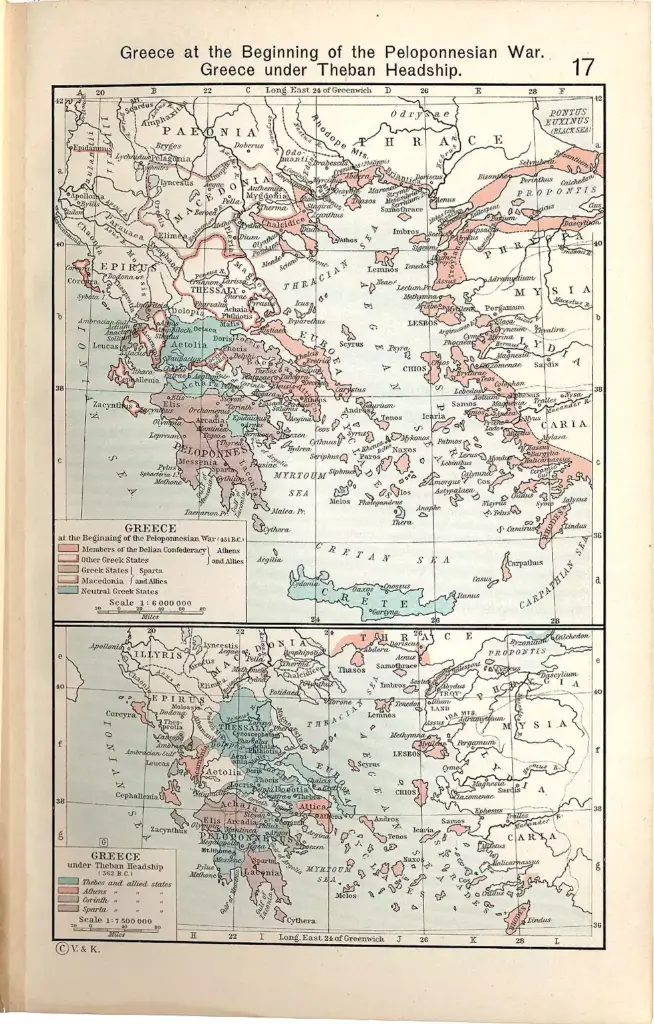 Ιστορικός χάρτης της αρχαίας Ελλάδας με τις συμμαχίες Αθήνας και Σπάρτης στην αρχή του Πελοποννησιακού Πολέμου, το 431 π.Χ., και την Ελλάδα της θηβαϊκής ηγεμονίας, το 362 π.Χ.