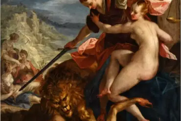 Αλληγορία της Δικαιοσύνης του Hans von Aachen, με ξίφος και ζυγό, τη γυμνή Αλήθεια στο πλάι της και λιοντάρι πάνω από πεσμένη ανδρική μορφή.