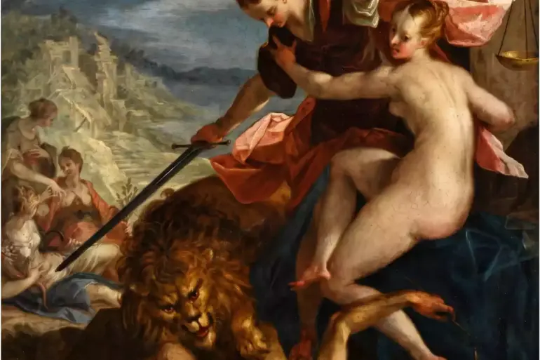 Αλληγορία της Δικαιοσύνης του Hans von Aachen, με ξίφος και ζυγό, τη γυμνή Αλήθεια στο πλάι της και λιοντάρι πάνω από πεσμένη ανδρική μορφή.