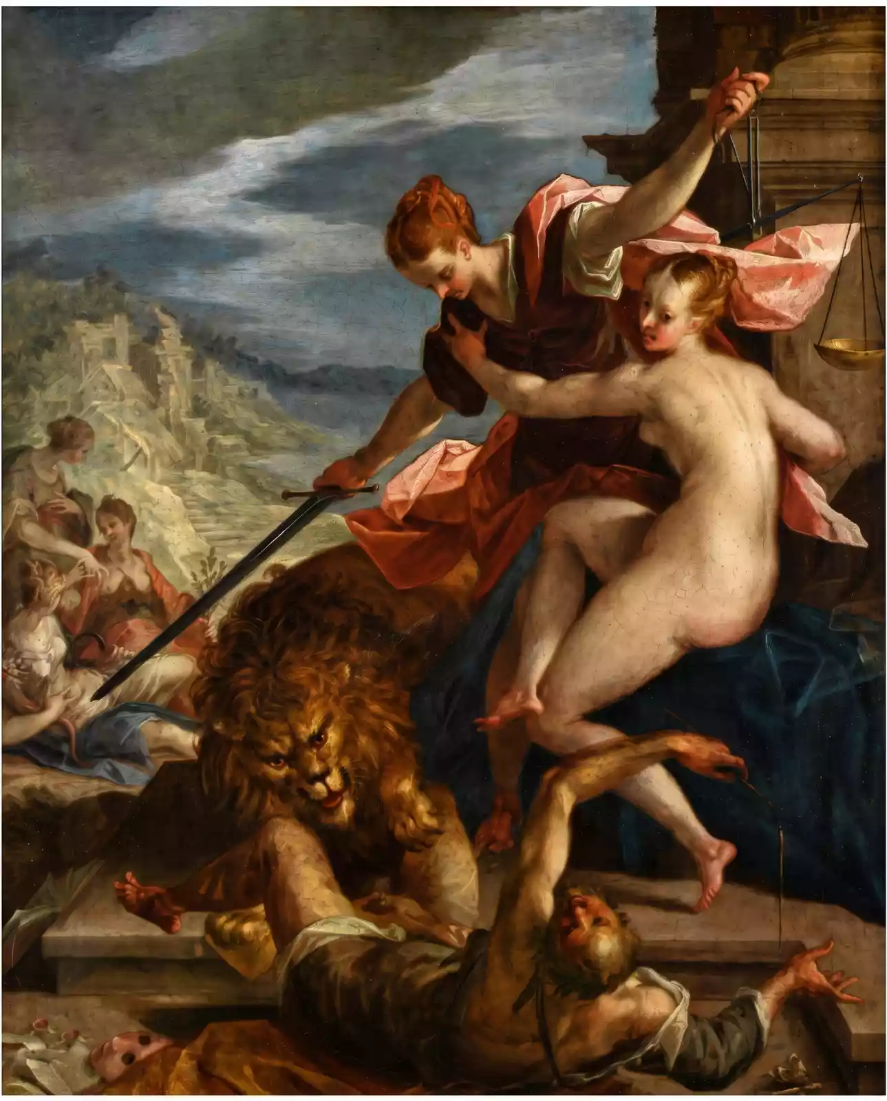 Αλληγορία της Δικαιοσύνης του Hans von Aachen, με ξίφος και ζυγό, τη γυμνή Αλήθεια στο πλάι της και λιοντάρι πάνω από πεσμένη ανδρική μορφή.