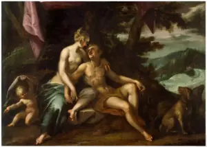 Venus umarmt den sitzenden Adonis unter einem Baum, unten links Amor, rechts ein Jagdhund.