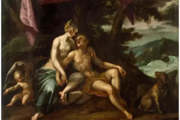 Venus abraza a Adonis, sentado bajo un árbol, con Cupido abajo a la izquierda y un perro de caza a la derecha.