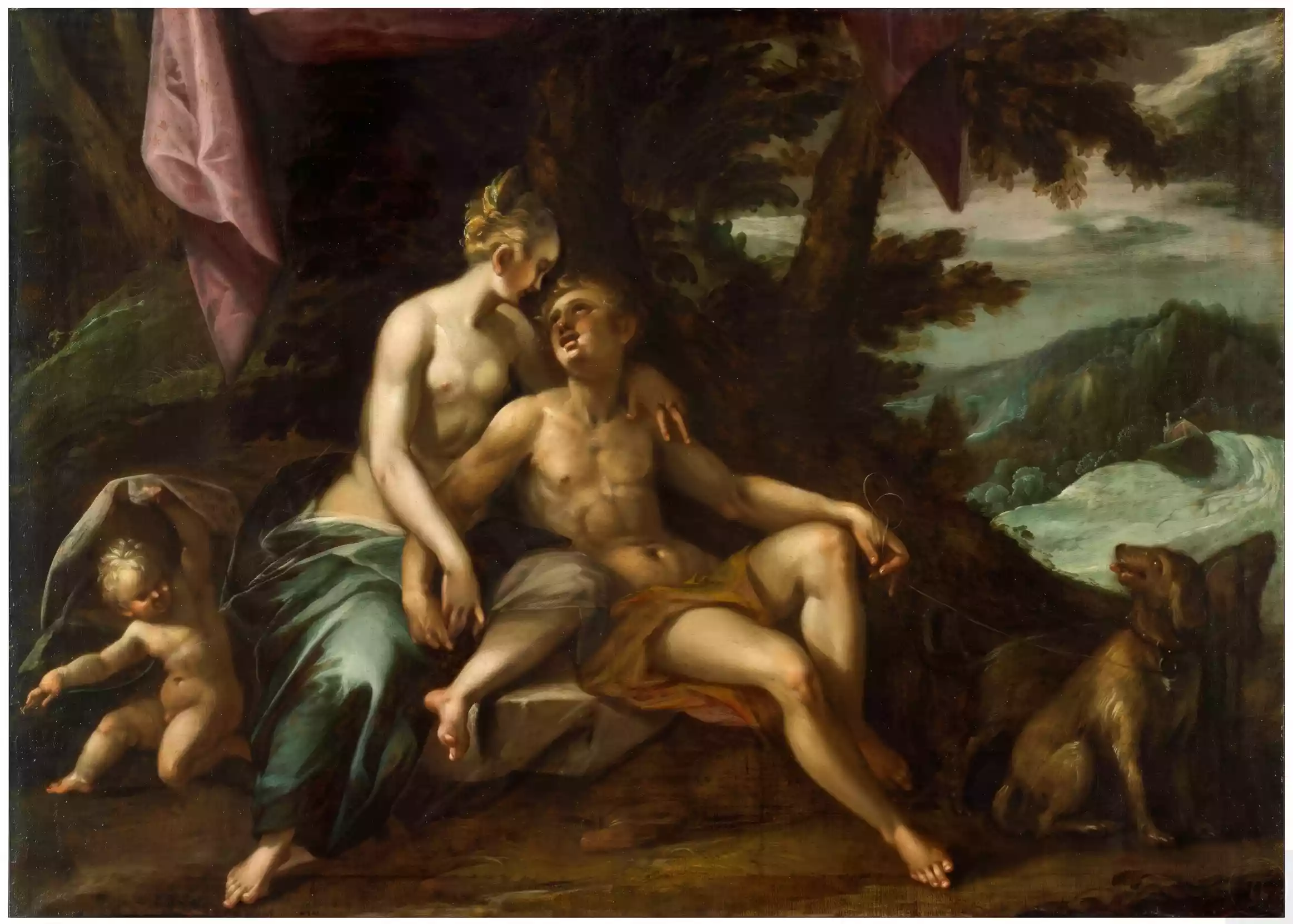 Venus abraza a Adonis, sentado bajo un árbol, con Cupido abajo a la izquierda y un perro de caza a la derecha.