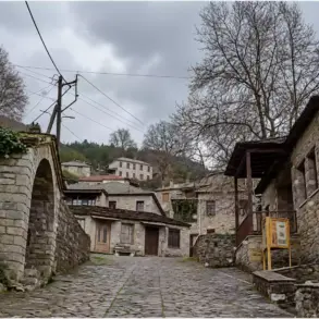Калдъръмена уличка между каменни сгради, с арковиден отвор вляво и дървен навес до голямо широколистно дърво вдясно.