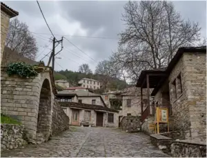 ქვაფენილი ქვის შენობებს შორის, მარცხნივ თაღოვანი ღიობით, მარჯვნივ კი ხის ფარდულით დიდი ფოთოლმცვენი ხის გვერდით.
