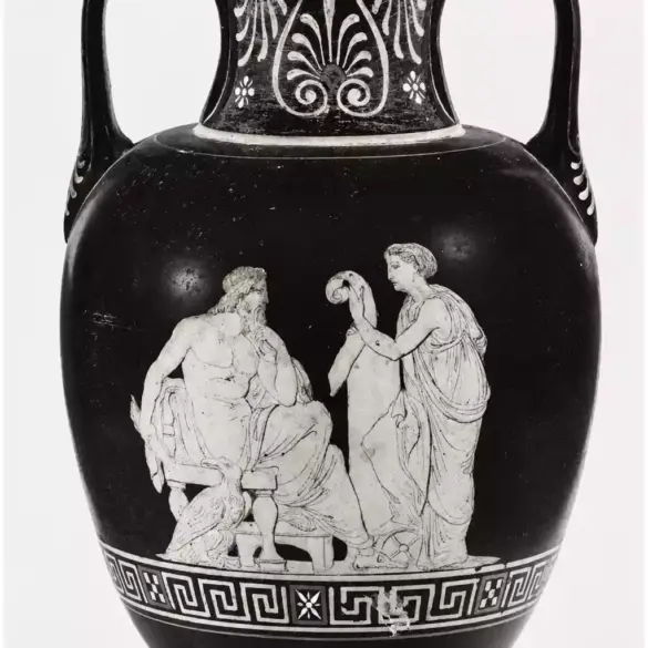 Jarrón de dos asas con Némesis sosteniendo un rollo ante Zeus entronizado y un águila junto al trono.