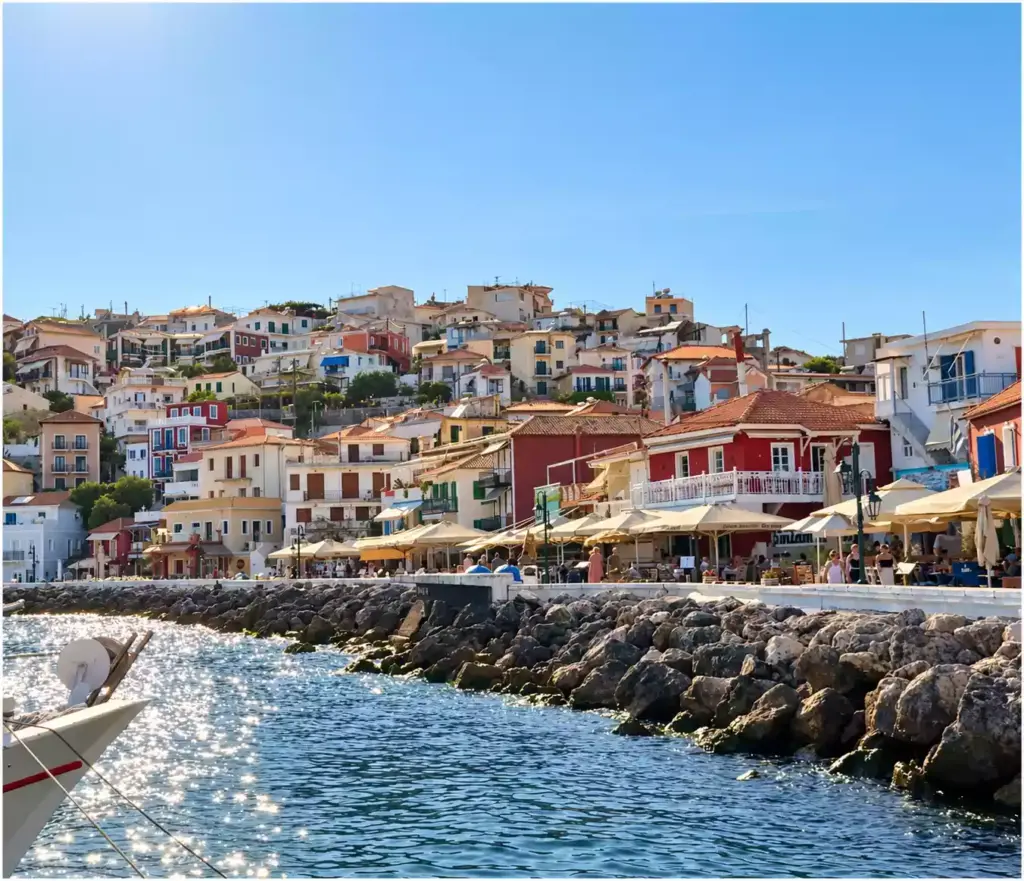 Πολύχρωμα σπίτια της Πάργας πάνω από την προκυμαία με τις ομπρέλες των καταστημάτων και τη βραχώδη θωράκιση της ακτής.
