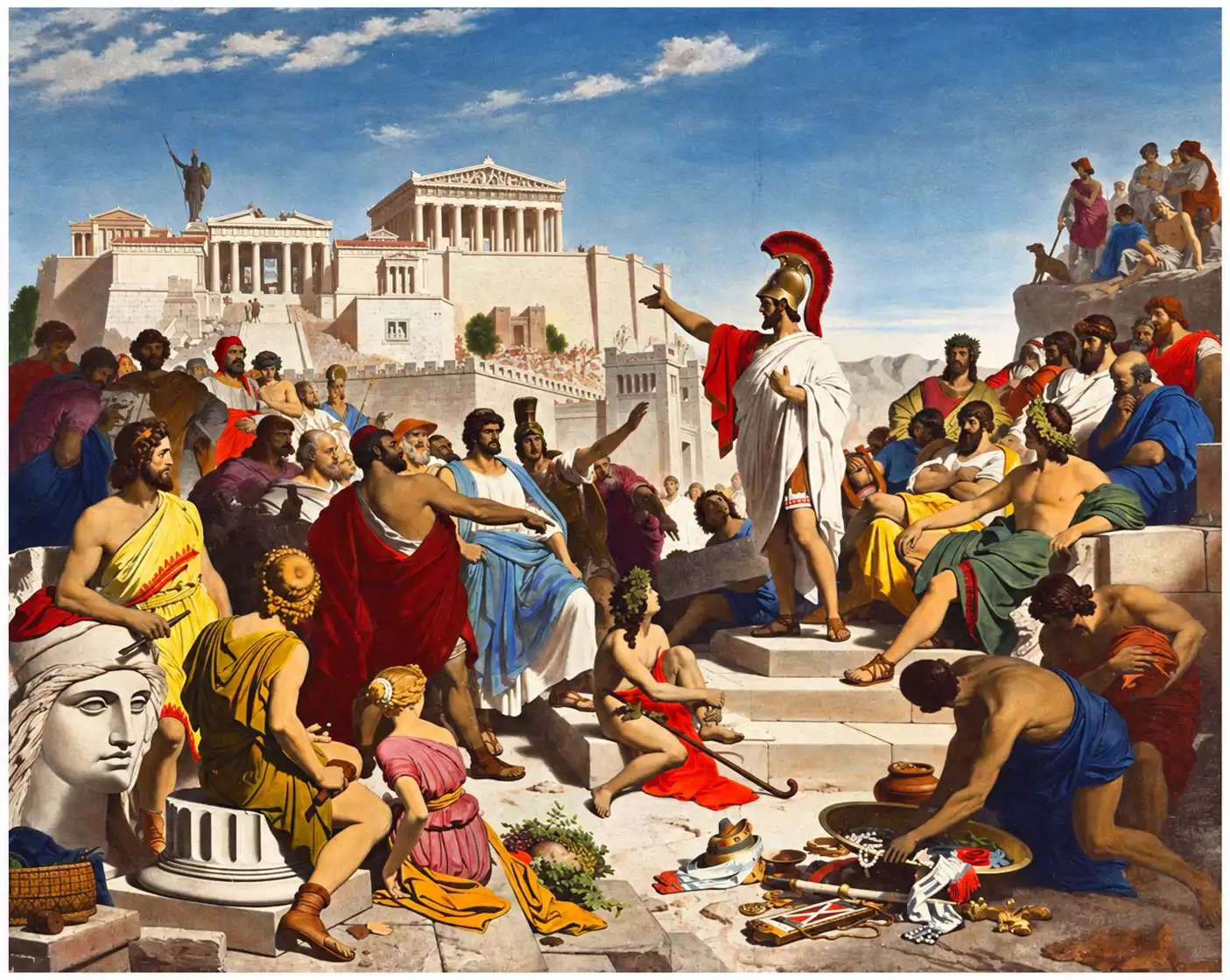 Ο Περικλής με κόκκινο λοφίο στο κράνος εκφωνεί τον Επιτάφιο μπροστά σε πλήθος Αθηναίων, με την Ακρόπολη και τον Παρθενώνα στο βάθος, πίνακας του Philipp von Foltz.