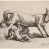 Rómulo y Remo maman bajo una loba erguida que apoya una pata trasera en una roca, en un aguafuerte de Hollar.