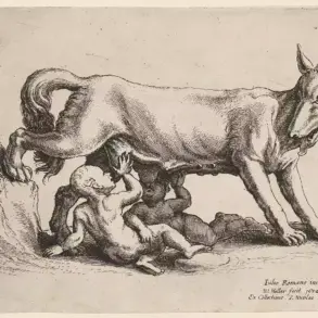 Romulus und Remus saugen unter einer stehenden Wölfin, die einen Hinterlauf auf einen Felsen stützt; Radierung von Hollar.