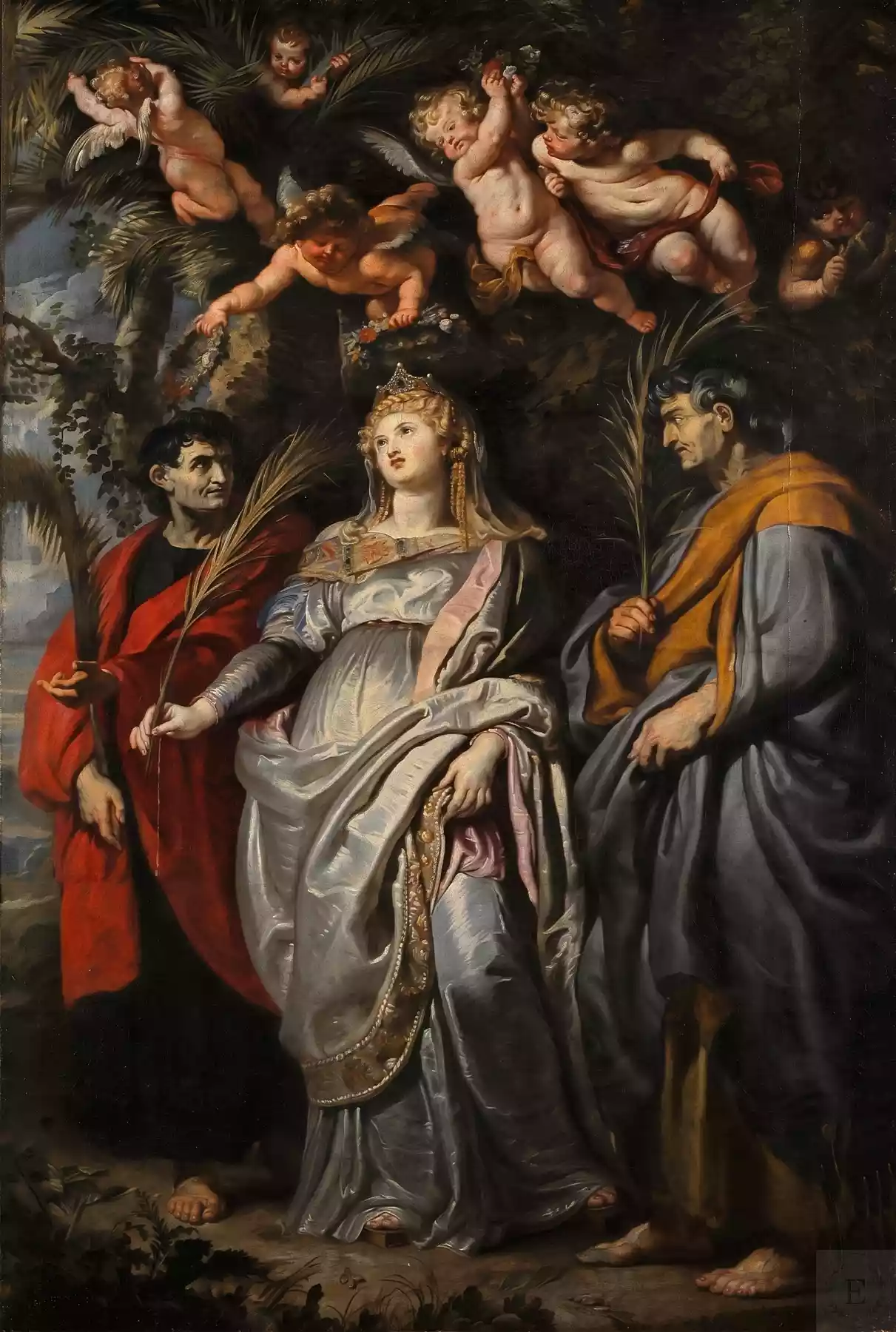 Sfânta Domitila cu Sfinții Nereu și Ahile, ramuri de palmier și îngeri într-o pictură de Rubens.