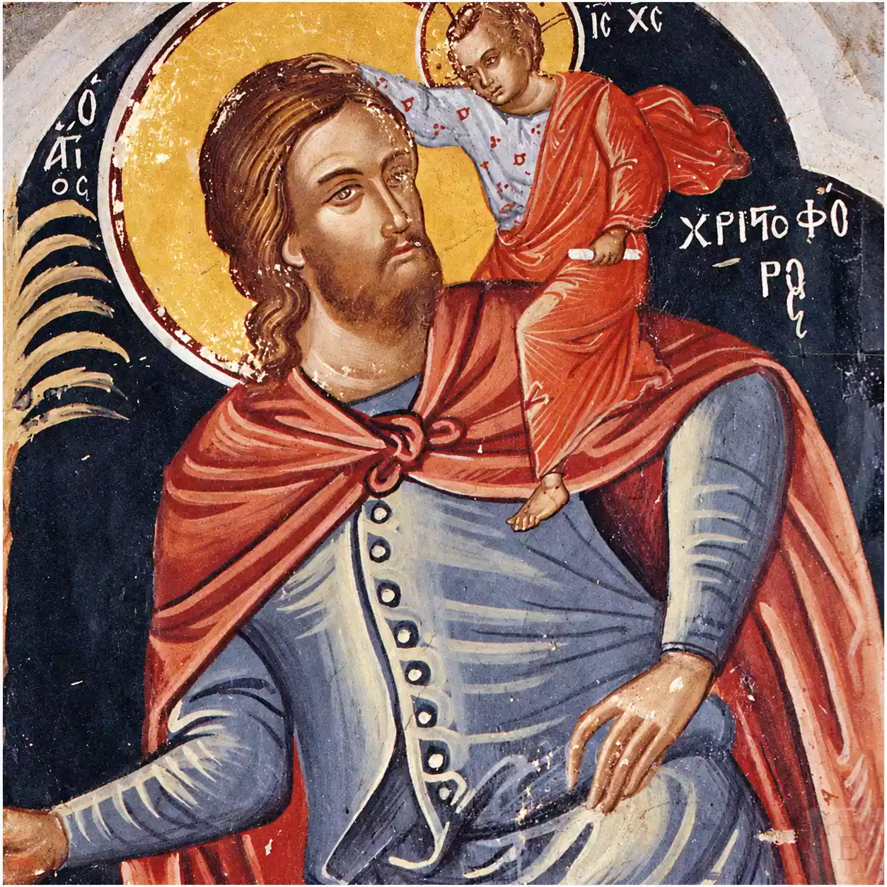 Λεπτομέρεια του Αγίου Χριστοφόρου και του Χριστού, που ακουμπά το δεξί χέρι στα μαλλιά του αγίου και κρατά λευκό ειλητάριο