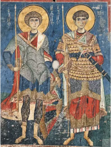 წმინდა გიორგი და წმინდა დიმიტრი სრული ტანით, ფრონტალურად, აბჯრითა და აღმართული შუბებით, ლურჯ ფონზე
