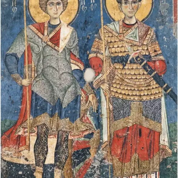 Aziz Georgios ve Aziz Dimitrios boydan ve cepheden, zırhlı ve mızrakları havada, mavi zemin üzerinde
