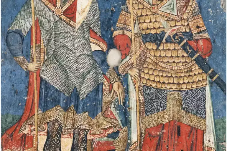 Οι Άγιοι Γεώργιος και Δημήτριος ολόσωμοι κατά μέτωπο, με πανοπλίες και υψωμένα δόρατα, σε μπλε βάθος