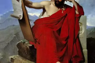 Solon of Athens seated in a mountain landscape in a red himation, holding a scroll and a stylus, in a painting by Blondel