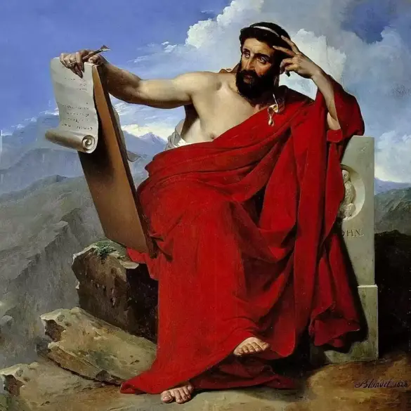 Sólon de Atenas sentado numa paisagem montanhosa, com himátion vermelho, segurando rolo e estilete, em quadro de Blondel