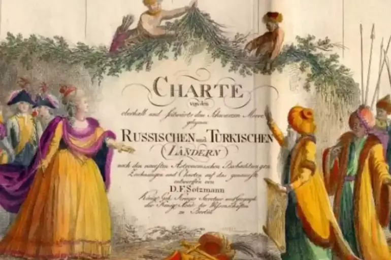 Cartela coloreada de un mapa de 1788 con Catalina II y dignatarios otomanos, reflejo de la disputa ruso-otomana por Crimea tras el Tratado de Küçük Kaynarca