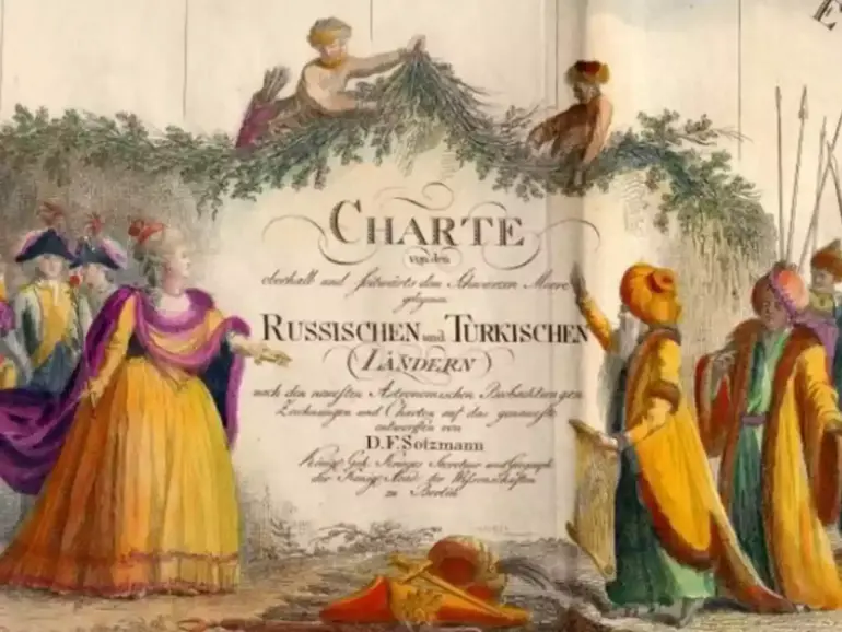 Επιχρωματισμένη καρτούσα χάρτη του 1788 με την Αικατερίνη Β΄ και Οθωμανούς αξιωματούχους, που απηχεί τη ρωσοοθωμανική διαμάχη για την Κριμαία μετά τη Συνθήκη του Κιουτσούκ Καϊναρτζή